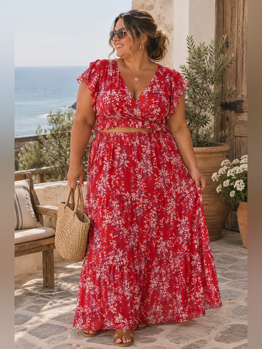 40.) Red Floral Maxi Skirt + Cropped Blouse -  2 Piece Set